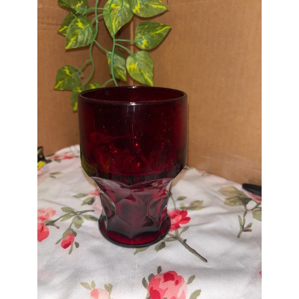 Vintage Ruby Red Glass Tumbler Geometric Paneled Base Mid-Century Modern 5 inch